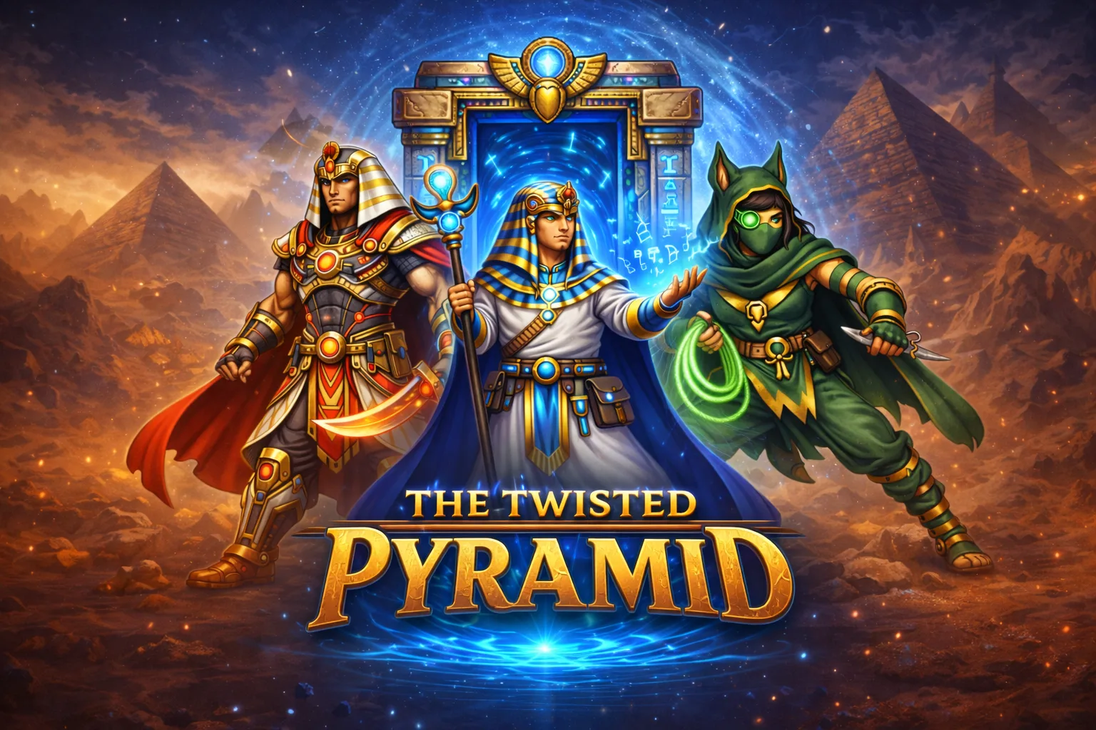 The Warrior, the Scholar and the Agile in front of a glowing time portal among the pyramids